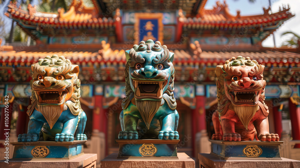 Fototapeta premium Lion statue in front of temples