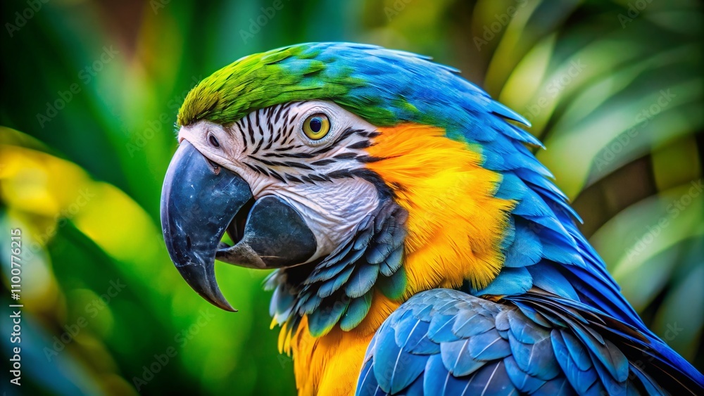 Obraz premium Stunning Macro Photography of a Blue and Yellow Macaw Ara Capturing the Vibrant Colors and Intricate Details of Its Feathers in Nature