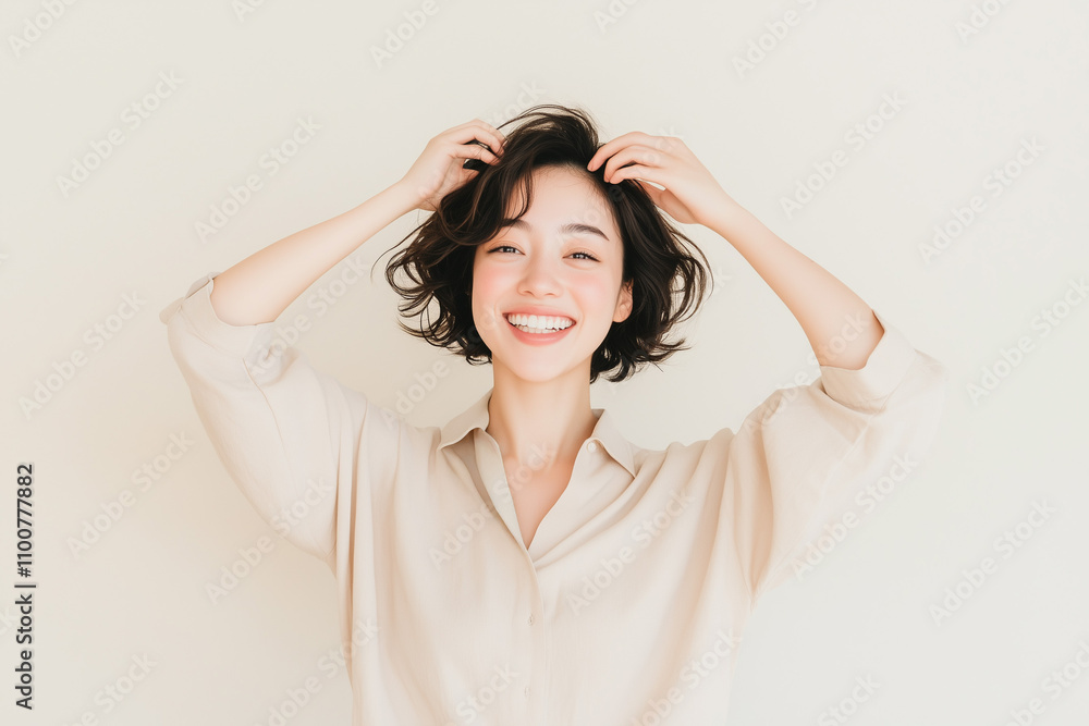 Naklejka premium 髪を触る若い女性、笑顔