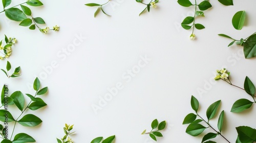 Wallpaper Mural Floral Frame of Fresh Green Leaves and Small White flowers on White Background, Copy Space Torontodigital.ca