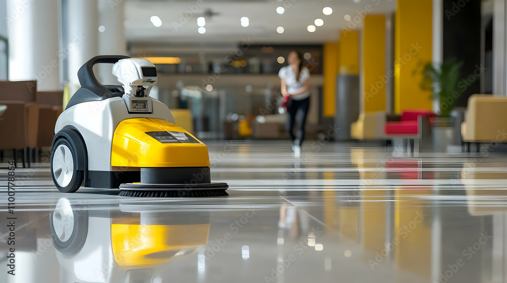 Fototapeta premium Automated Floor Cleaning Machine in Modern Lobby; Robotic Scrubber Polishing Gleaming Tiles Efficiently