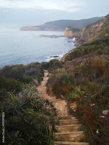 path leading down to cliff edge in bouddi national park near water along coastline