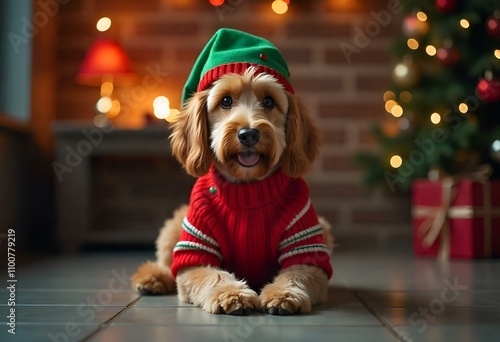 Dog with cristmas drees in room photo