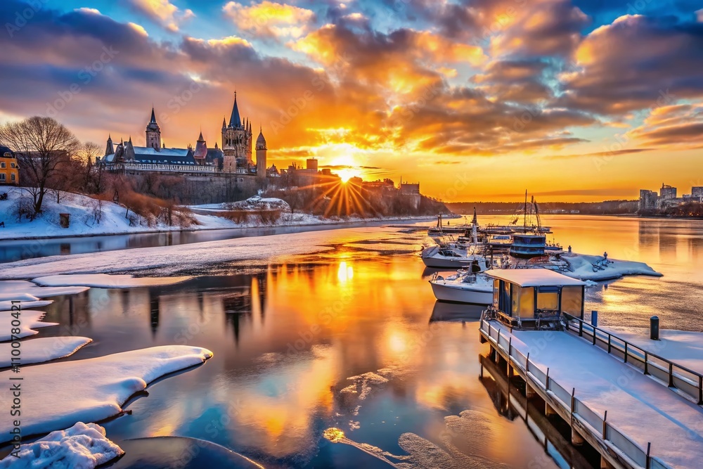 Fototapeta premium Stunning Sunrise Over Frozen Ottawa River at Pembroke Marina in March, Capturing the Beauty of a Cold Minus 25 Degrees Celsius Morning with Bokeh Effect