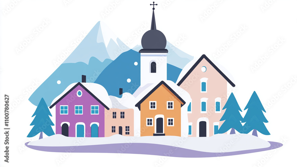 Fototapeta premium Charming winter village with colorful houses and snowy mountains