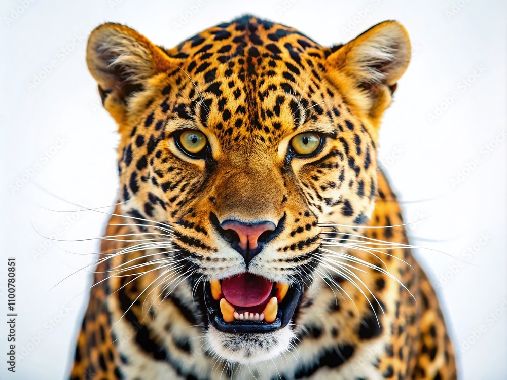 Obraz premium Stunning Tilt-Shift Photography of an Angry Leopard Head Against a White Background, Capturing the Intensity and Intricacies of Nature's Fiercest Predators in High Detail