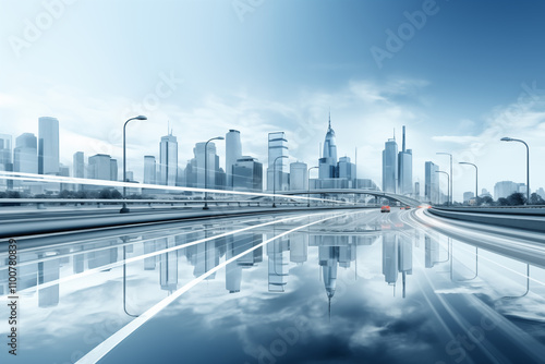 City skyline and reflective glass road
