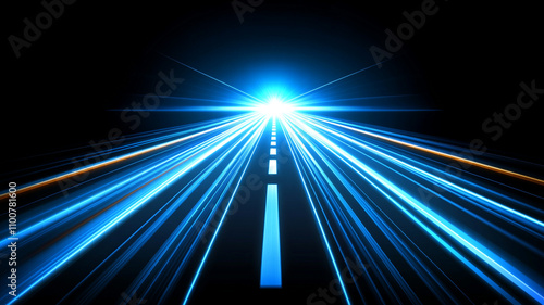 Bright blue light rays illuminate dark road, creating sense of speed and motion