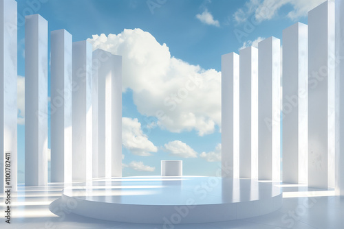 Grille architectural space booth of the art center under blue sky and white clouds