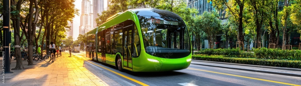 Fototapeta premium A modern green bus driving through a sunny city street.