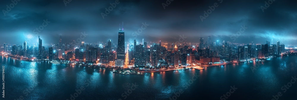 Fototapeta premium Chicago Skyline at Night A Panoramic View of Illuminated Skyscrapers along the Lakefront