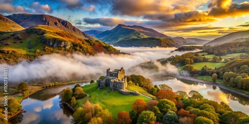 Surreal Aerial View of Snowdonia National Park with Dolbadarn Castle Surrounded by Majestic Mountains and Lush Greenery in Wales, Capturing the Essence of Nature’s Beauty photo