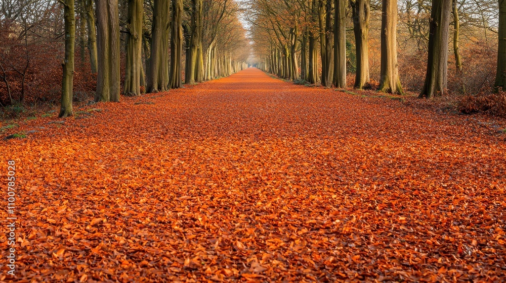 Fototapeta premium A serene pathway lined with trees and covered in autumn leaves.