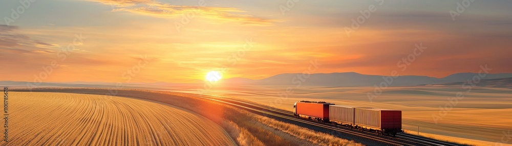 Fototapeta premium A sunset view of a freight train traveling through golden fields.