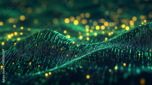 Flowing stream of binary code in green and yellow hues, representing data transfer and technology


