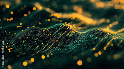Flowing stream of binary code in green and yellow hues, representing data transfer and technology


