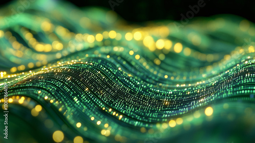 Flowing stream of binary code in green and yellow hues, representing data transfer and technology



