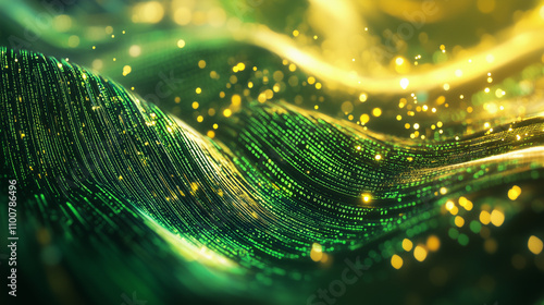 Flowing stream of binary code in green and yellow hues, representing data transfer and technology


