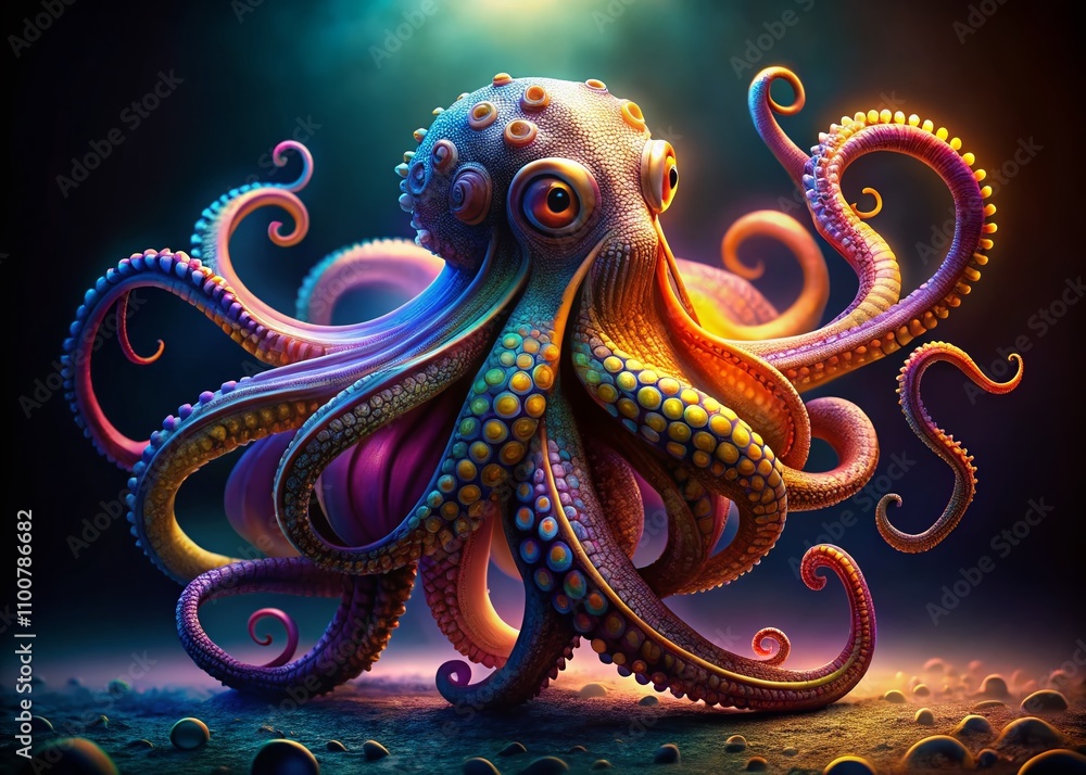 Obraz premium Surreal Colorful Octopus with Eight Glowing Tentacles in Vibrant Shades of Purple, Blue, Green, Yellow, Orange, and Red Against a Dark Background for Artistic Imagery