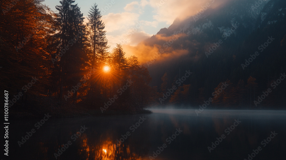 Sunrise light reflects on calm lake surrounded by autumn trees and mountains Sunrise light reflects on calm lake surrounded by autumn trees and mountains