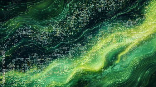 Flowing stream of binary code in green and yellow hues, representing data transfer and technology


