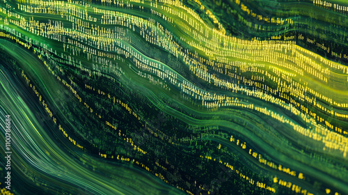 Flowing stream of binary code in green and yellow hues, representing data transfer and technology


