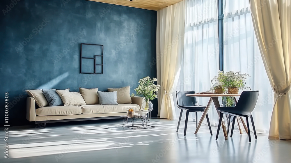 Fototapeta premium Loft interior design modern living room with blue stucco wall