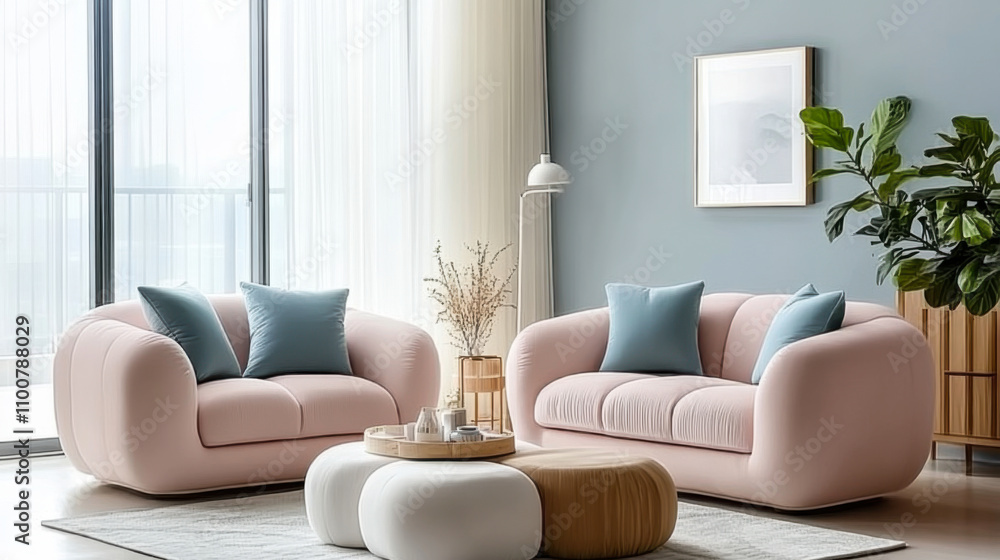Fototapeta premium Pink Japandi minimalist interior design sofa modern living room
