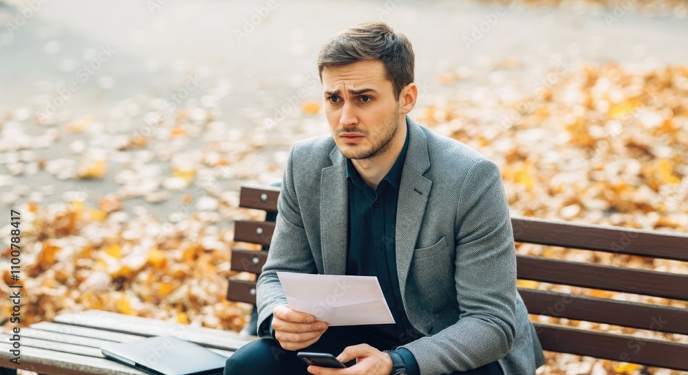 Obraz premium Young Caucasian man in gray blazer sits on bench reading letter, surrounded by autumn leaves