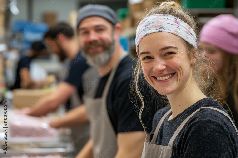 Fototapeta premium A group of friends volunteering at a local food bank on Thanksgiving morning. They are packing meals and spreading, Generative AI