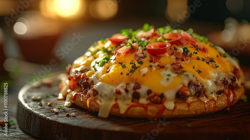 Delicious Cheesy Bacon Pizza With Tomato Garnish photo