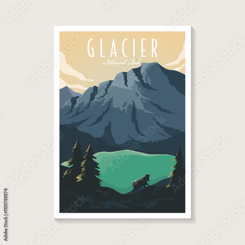 Glacier National Park poster illustration, Beautiful Mountain lake scenery and mountain goat poster design