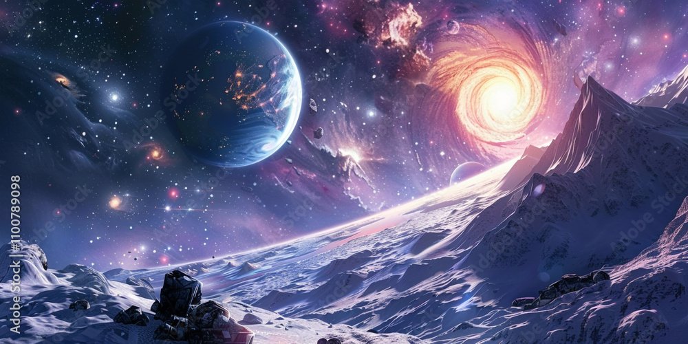 Fototapeta premium An aweinspiring cosmic panorama with swirling nebulae distant planets 