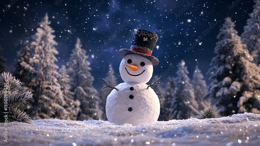 Obraz premium Happy Snowman in Winter Wonderland Night Scene