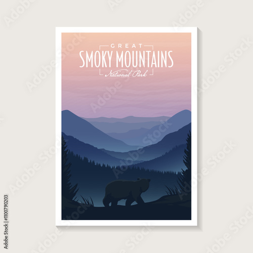 Great Smoky Mountains National Park modern poster vector illustration design, bear on beautiful landscape mountain poster design