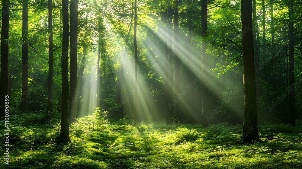 Fototapeta premium Serene sunlight streams through a lush green forest, creating a tranquil atmosphere.
