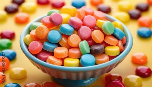 A vibrant bowl of colorful candies sits atop a bright yellow surface, surrounded by scattered sweets in various hues.