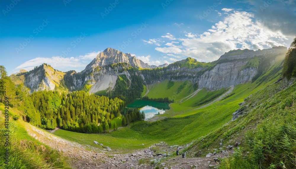 Fototapeta premium Mountain panorama with green valley, snow-capped peaks, and cloudy sky