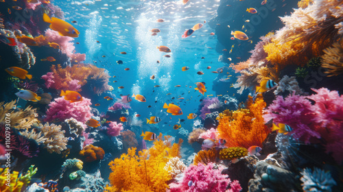 Fototapeta Naklejka Na Ścianę i Meble -  Family scuba diving in crystal clear tropical waters, exploring vibrant coral reefs and marine life, with colorful fish swimming around
