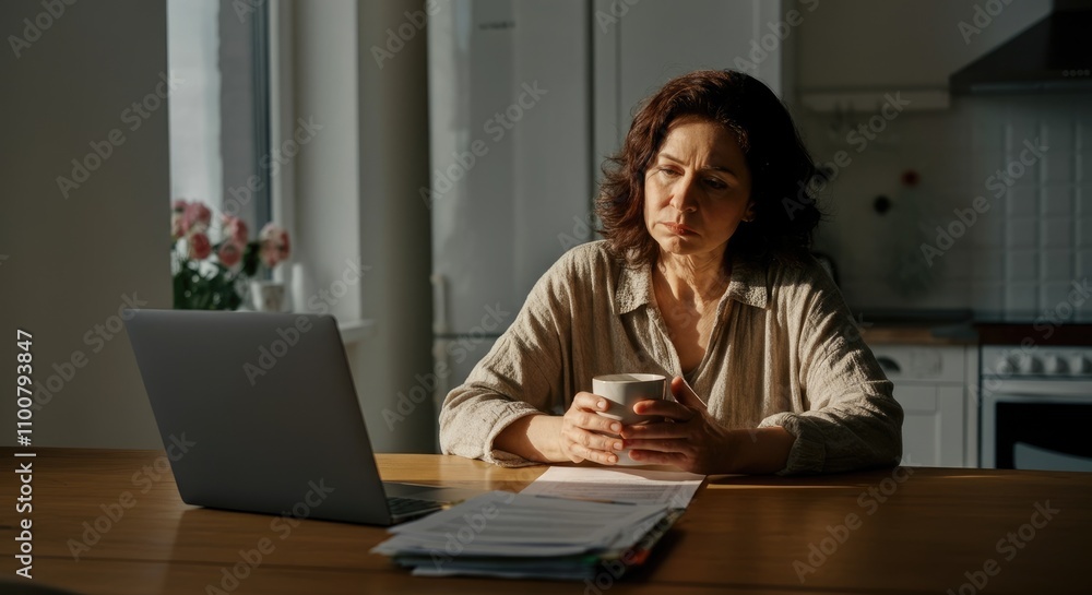 Asian woman in kitchen, holding mug, looking pensive, laptop and documents on table Asian woman in kitchen, holding mug, looking pensive, laptop and documents on table