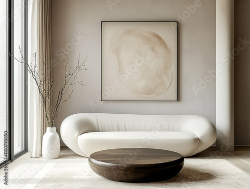 Trendy Living Space Highlighting a White Sofa, Soft Textures, and Elegant Room Setup