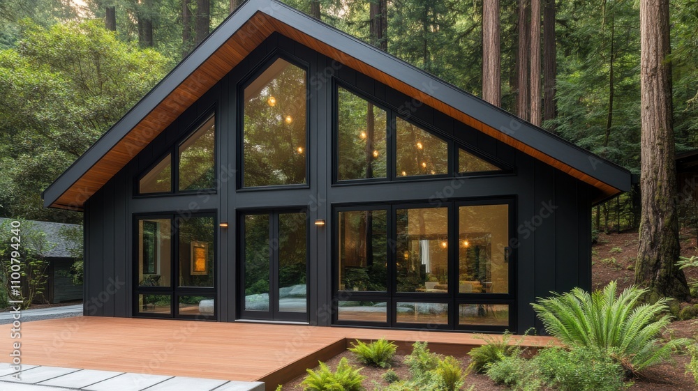 Fototapeta premium Modern black house framed by lush green forest surroundings.