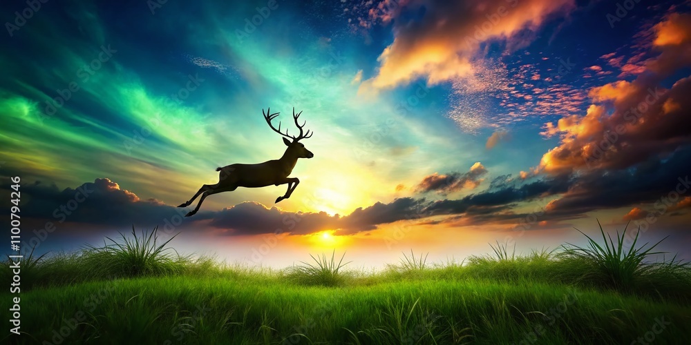 Fototapeta premium Surreal Scene of a Silhouette Deer Leaping Over Lush Green Grass Under a Dreamy Sky with Ethereal Lighting and Whimsical Atmosphere Captured in an Enchanting Landscape