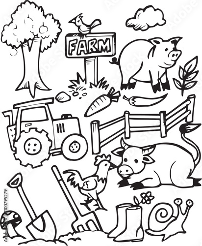 
Hand drawn set of farm, animal and agriculture in sketch style.