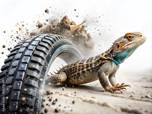 Surreal Tire Tracks Background for Motorsport Photography Featuring Black Marks on White, Worn Effect with Dirt Splashes and a Shallow Focus Eastern Collared Lizard photo