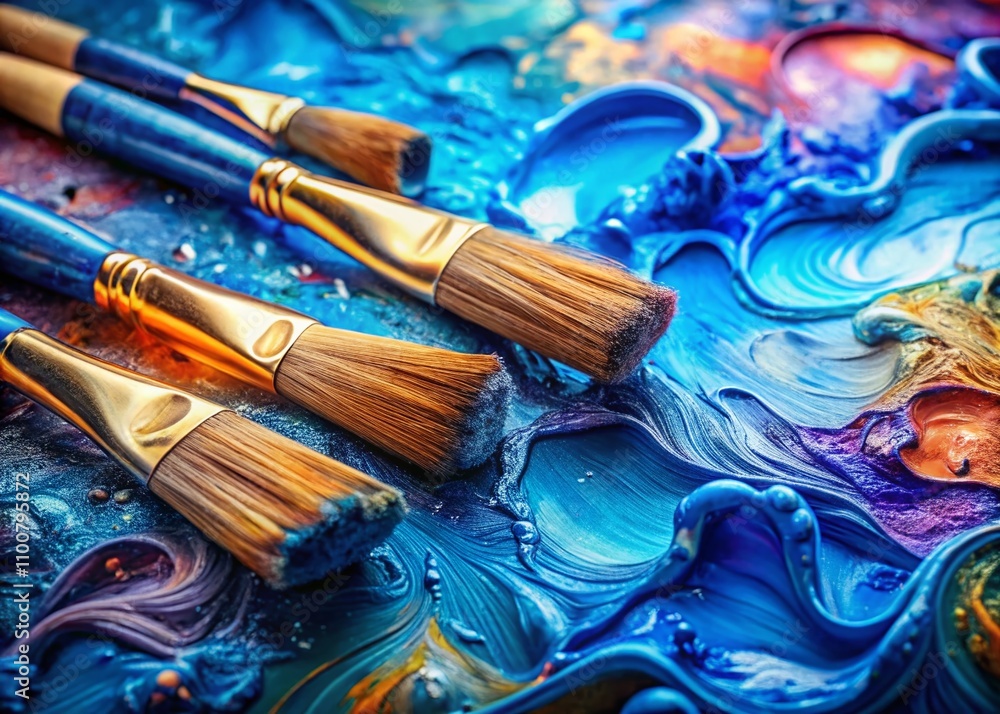 Fototapeta premium Surreal Vision of Artist Brushes Drenched in Vivid Blue Paint Creating Textures and Color Blends on a Canvas, Capturing the Essence of Artistic Expression and Creativity