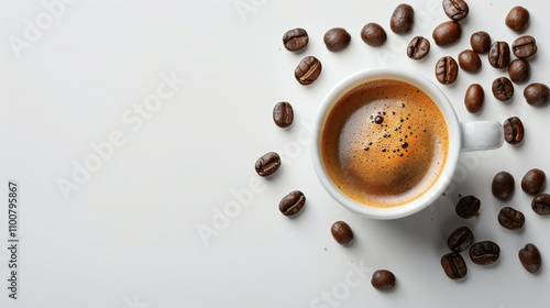 Small espresso cup with coffee beans isolated on white background