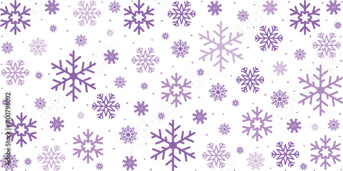 Minimalist pattern purple snowflakes of various sizes holiday background.