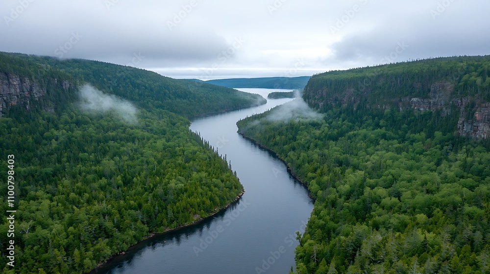 Obraz premium Majestic river landscape remote wilderness aerial view lush greenery natural serenity