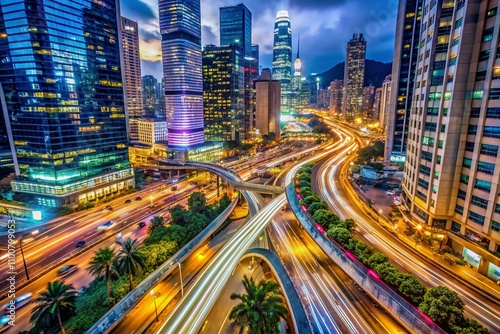 Top View Hyperlapse of Traffic in Hong Kong City at Night - Aerial City Streets Establishing Shot for Innovative Technology and Transportation Concept